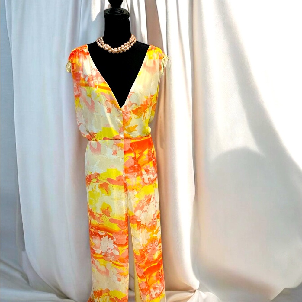 LANE BYRANT YELLOW FLORAL LIGHTWEIGHT CHIFFON LINED SIZE 24 MAXI FRONT SLIT NWOT